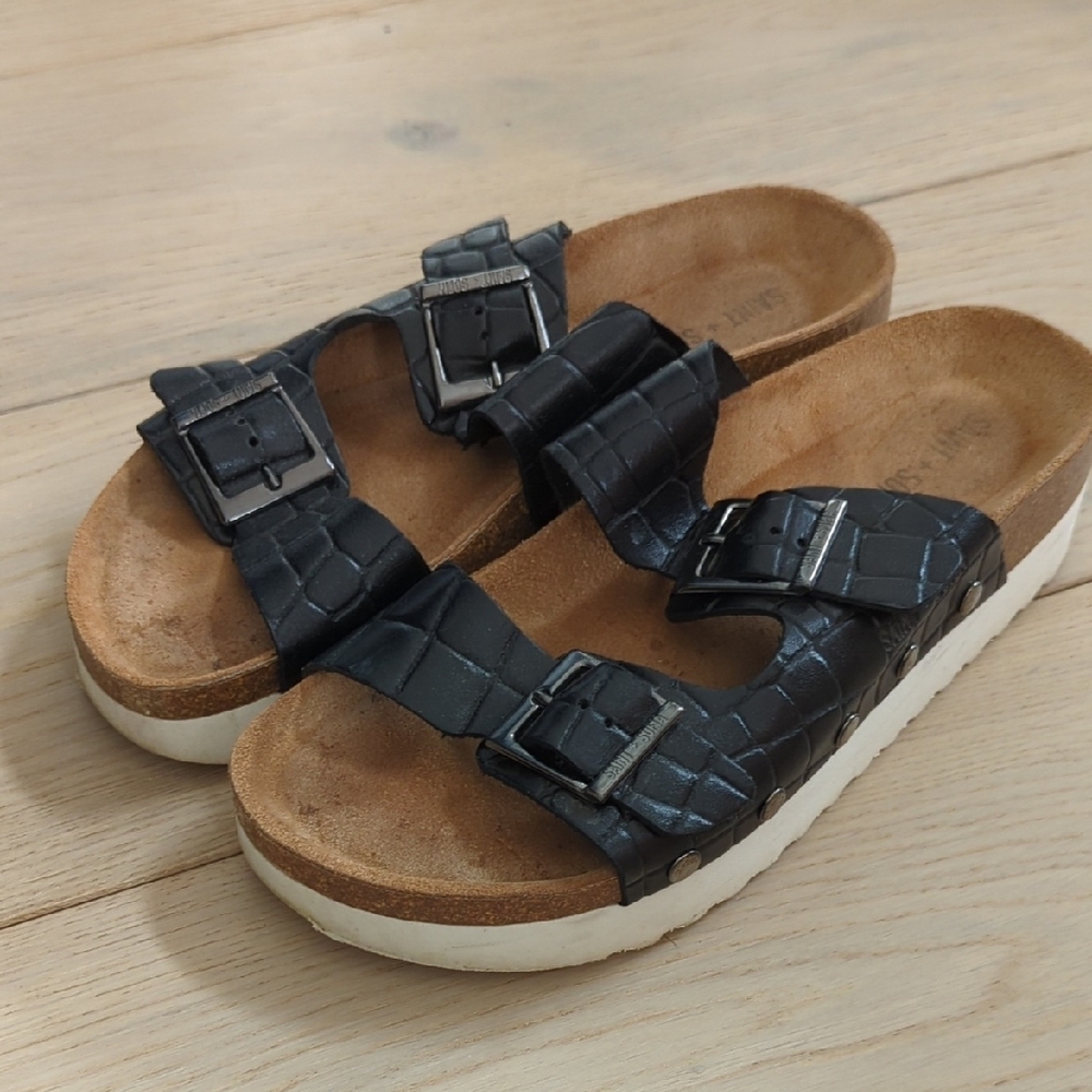 Black Croc-Embossed Sandals with Buckles